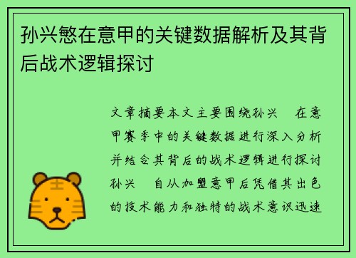 孙兴慜在意甲的关键数据解析及其背后战术逻辑探讨
