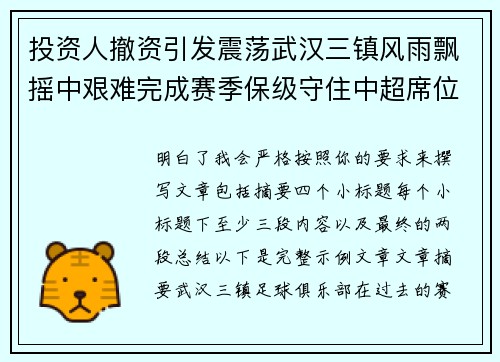 投资人撤资引发震荡武汉三镇风雨飘摇中艰难完成赛季保级守住中超席位