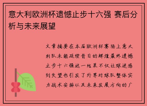 意大利欧洲杯遗憾止步十六强 赛后分析与未来展望